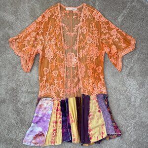 Jelbel Duster Kimono Women M/L Orange Lace Floral Boho Flowy Vacation Coverup